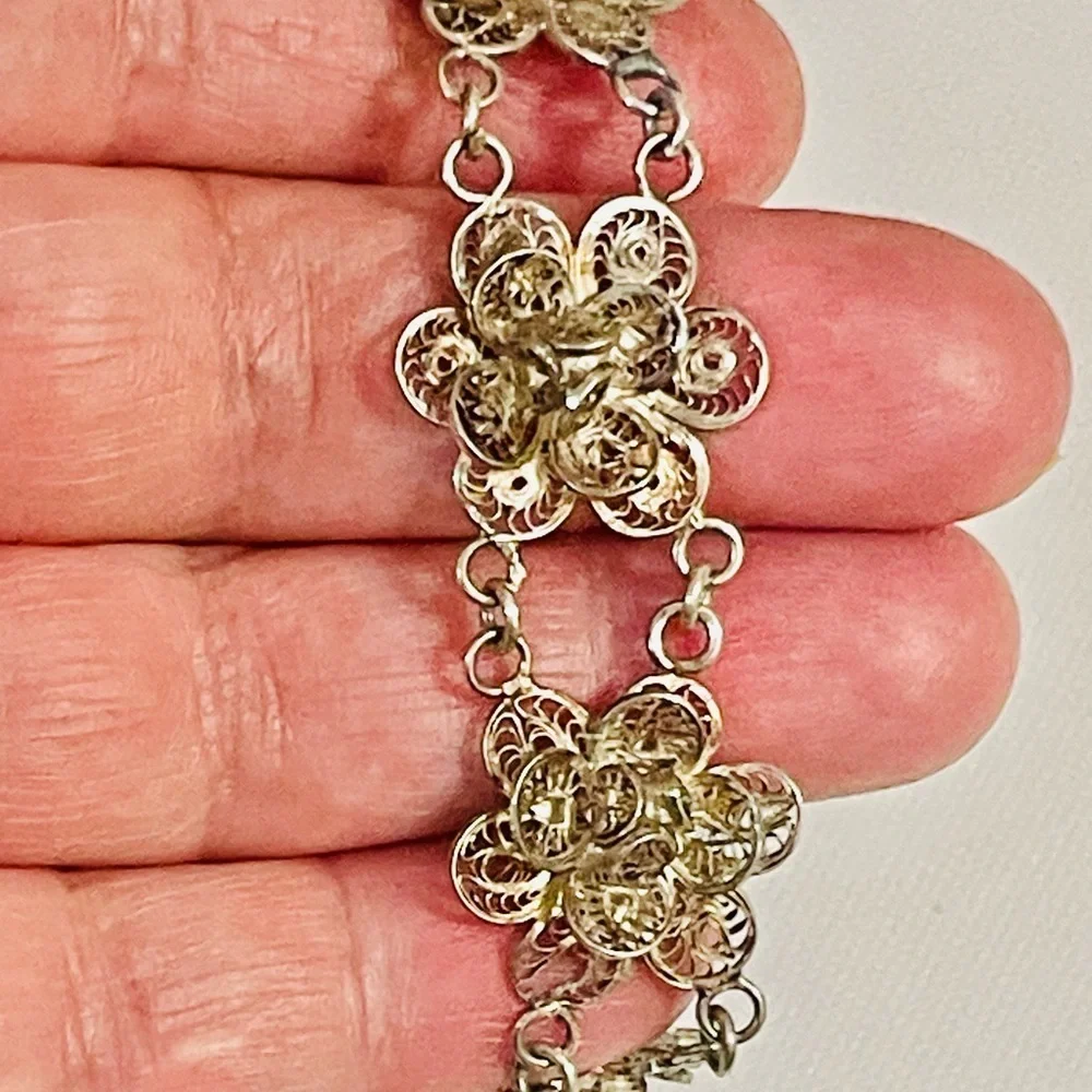 Antique? VTG? Sterling Silver Bracelet Filigree Flower Linked Sz 7 “ 18 G